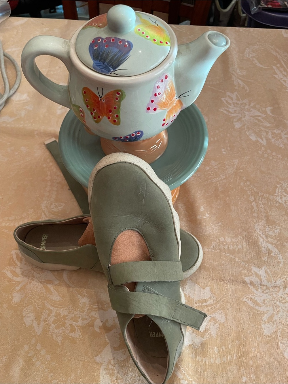 Camper Olive Green Leather Mary Jane Flats with Velcro Strap